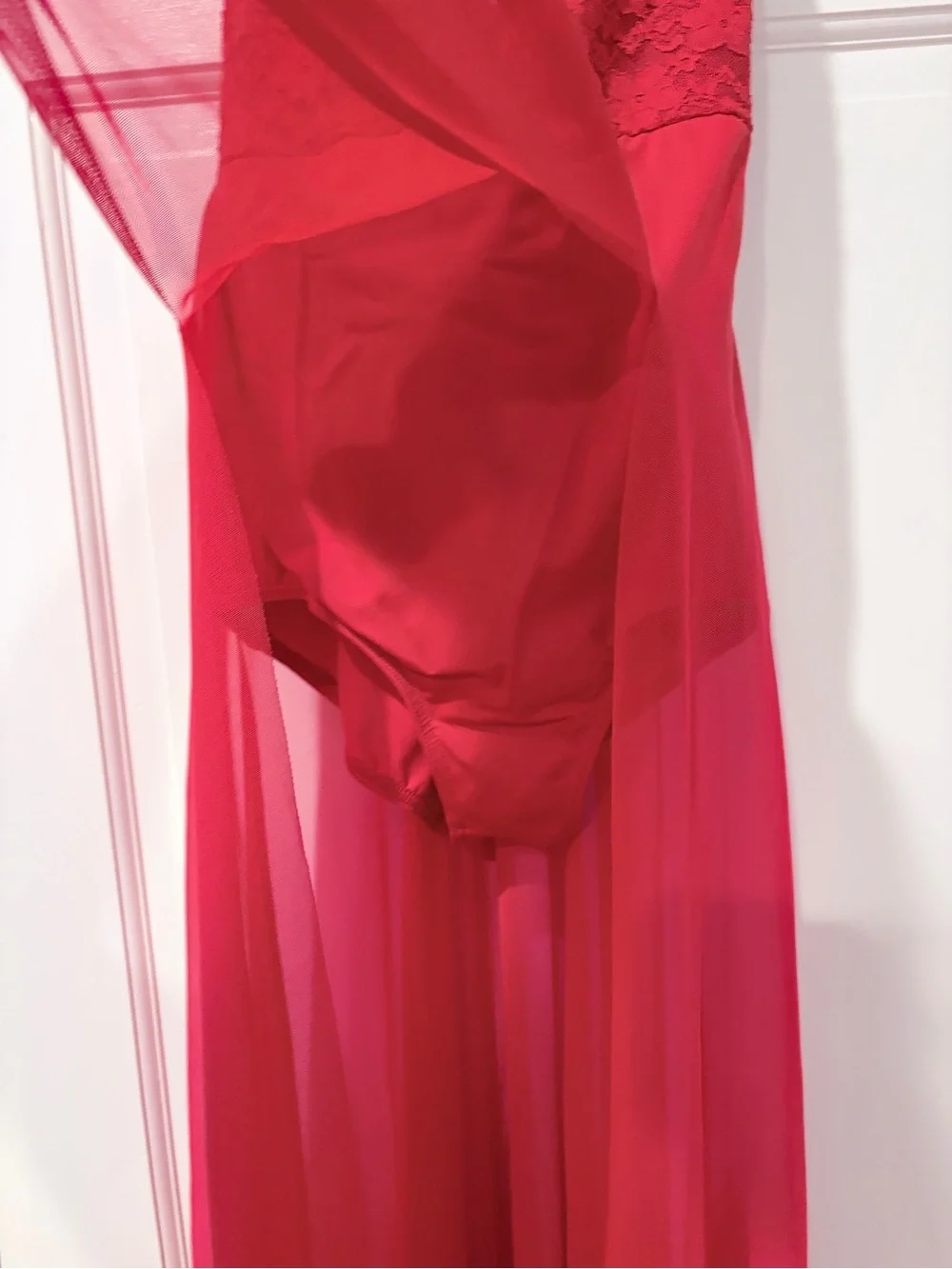 Weissman Lace Plunge Maxi Dance Dress – Red – Adult Medium MA – Style 17727